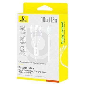 Кабель зарядки 3в1 Baseus Silky One-for-Three Fast Charging Type-C to Micro USB+Lightning+Type-C 100W 1.5m (white) 35102 фото