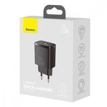 Блок заряджання Baseus Compact Quick Charger 20W QC+ PD (1Type-C + 1USB) 1839339798 фото