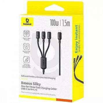 Кабель зарядки 3в1 Baseus Silky One-for-Three Fast Charging Type-C to Micro USB+Lightning+Type-C 100W 1.5m (black) 35102 фото