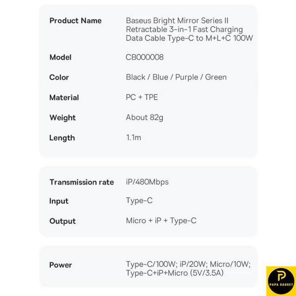 Кабель Baseus Bright Mirror 2 Series 3-in-1 (Micro USB+Lightning+Type-C) 100W (1.1m) (purple) 1727866231 фото